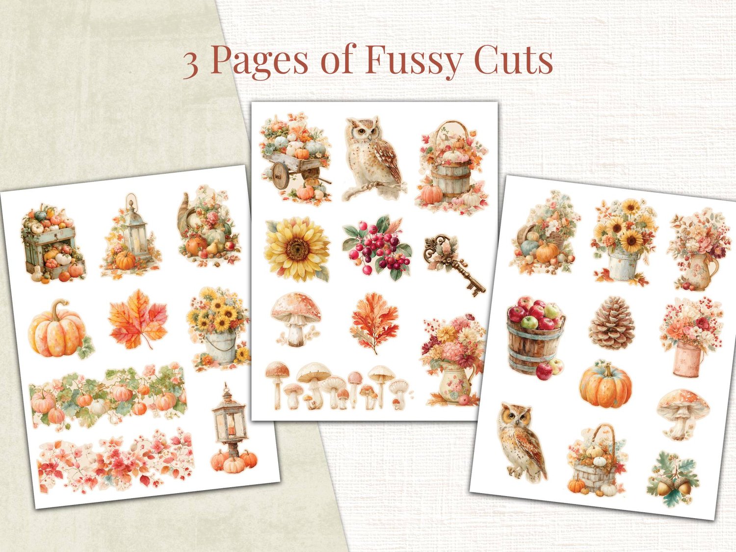 Three printable pages of fussy cut ephemera showcasing vintage autumn illustrations like barn owls, pumpkins, sunflowers, mushrooms, acorns, pinecones, and antique keys.