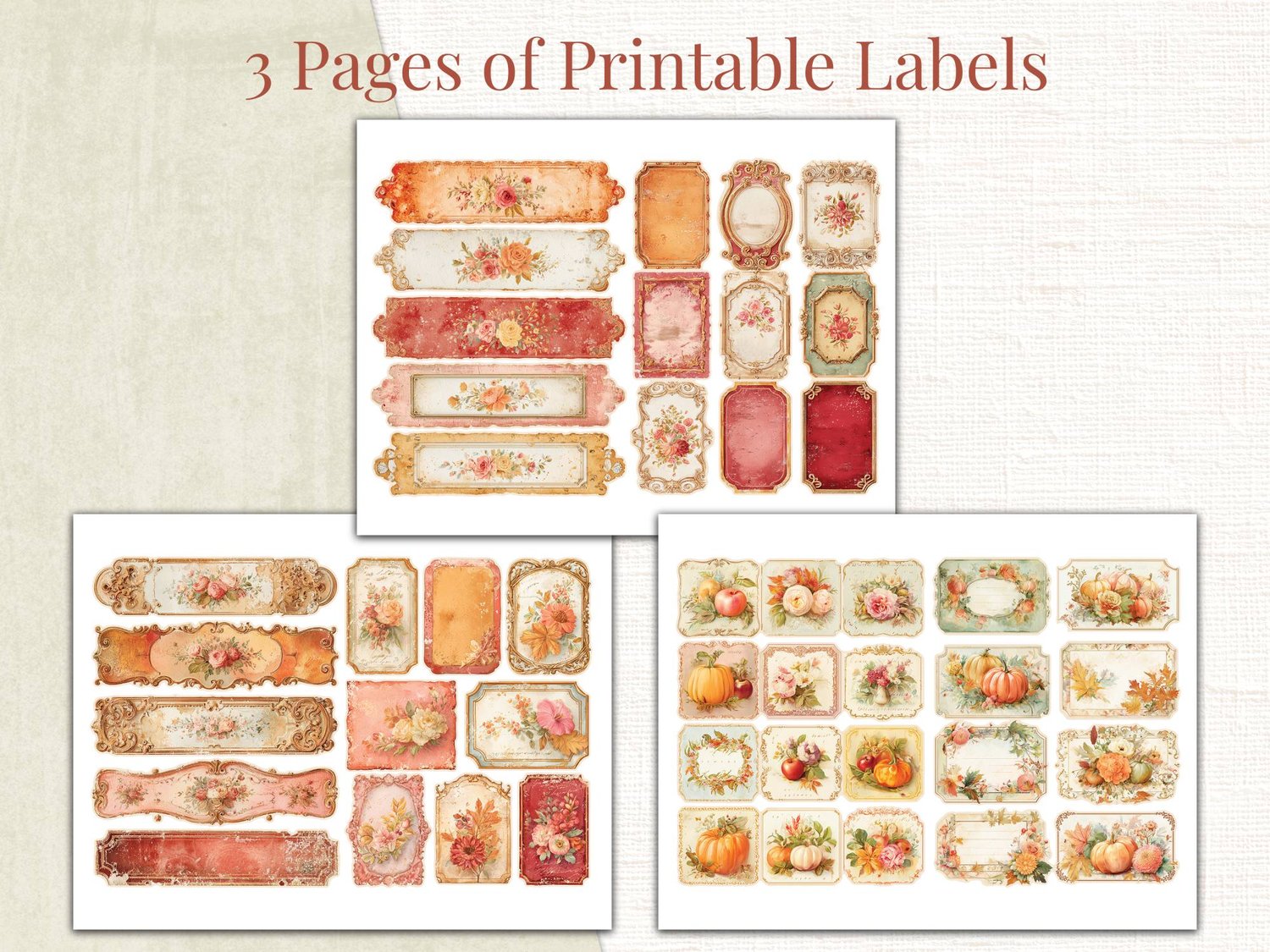 Three printable pages featuring a variety of vintage-style autumn labels, banners, and ornate decorative frames in warm orange, red, and gold tones.