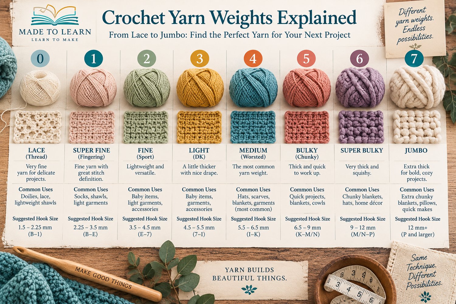 Confused by yarn weights? Learn what yarn weight numbers 0–7 mean and how yarn weight affects your crochet hook, gauge, and finished project.