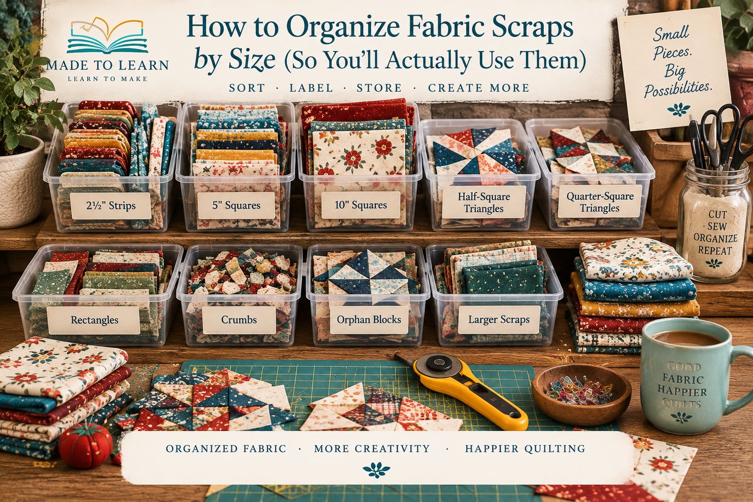 Organize quilting scraps by usable sizes instead of color so precuts and leftovers are easier to find—and more likely to become quilts.