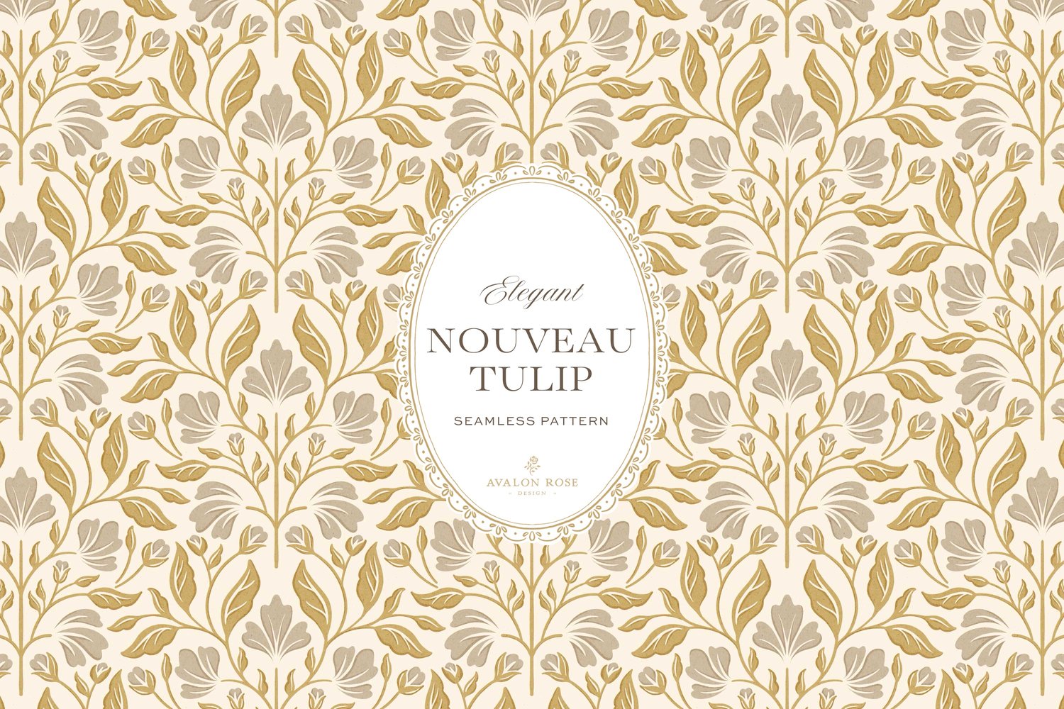 Seamless surface pattern featuring a floral design inspired by Art Nouveau in gold and gray