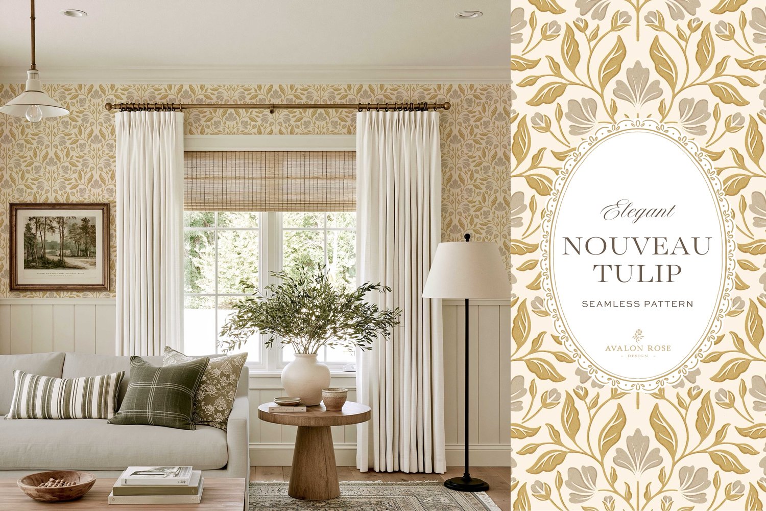 Wallpaper in a living room with a couch, plant, window, and wallpaper with a seamless surface pattern featuring a floral design inspired by Art Nouveau in gold and gray