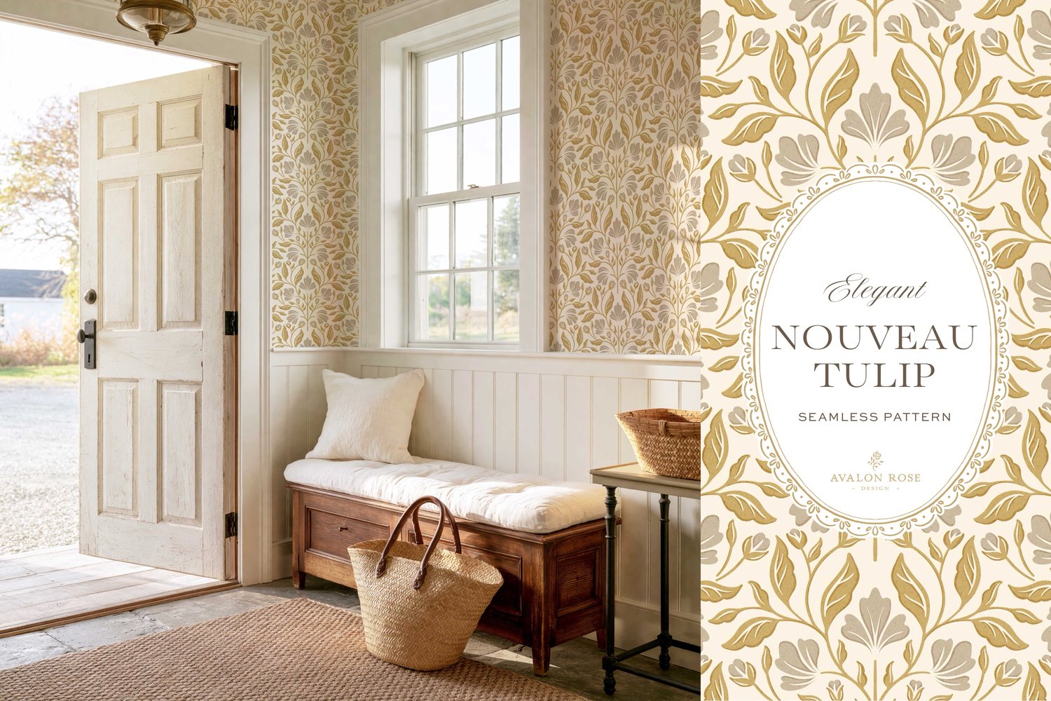 Seamless surface pattern featuring a floral design inspired by Art Nouveau in gold and gray on wallpaper in a farmhouse entryway
