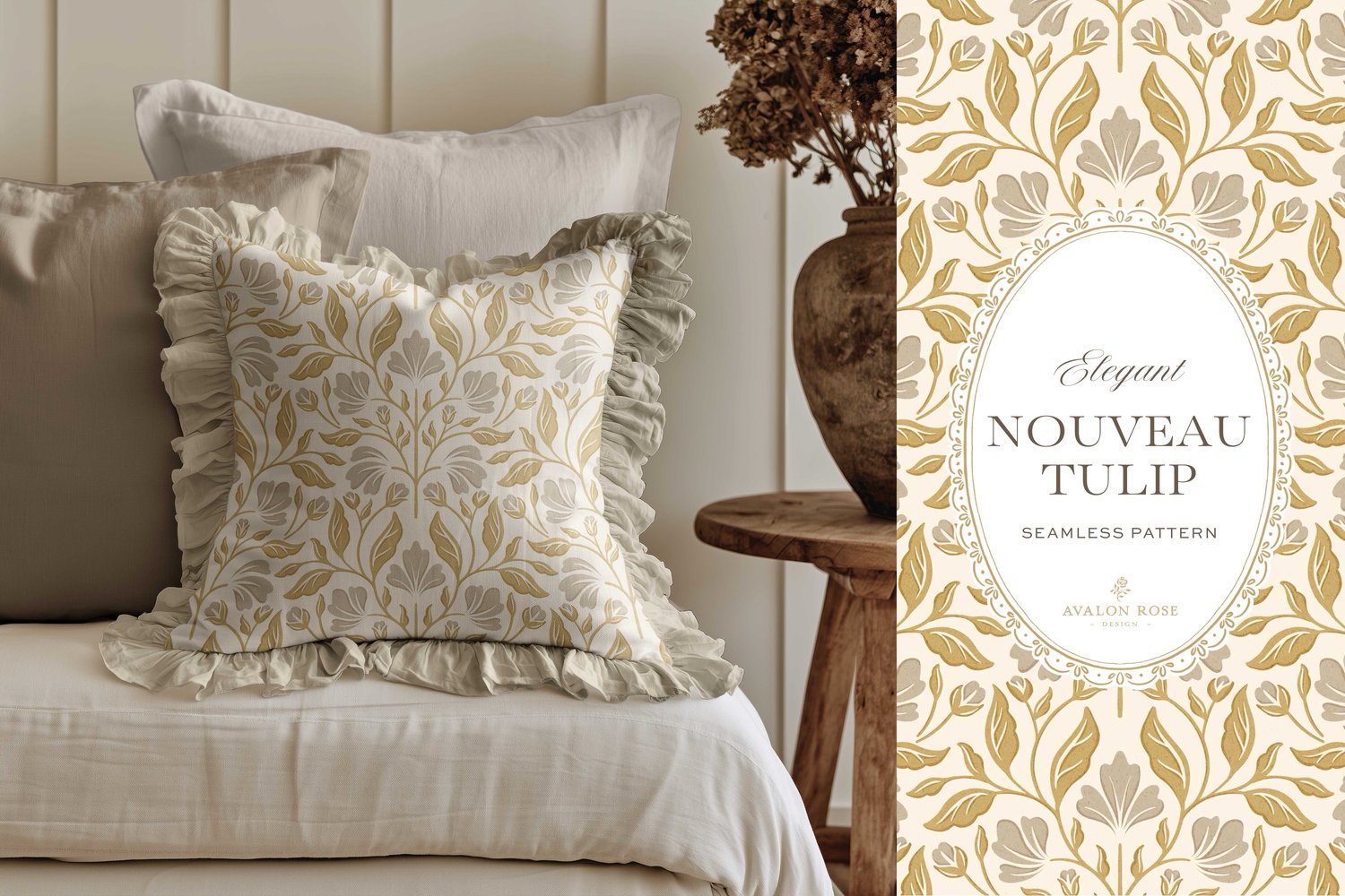 Seamless surface pattern featuring a floral design inspired by Art Nouveau in gold and gray on a ruffled throw pillow