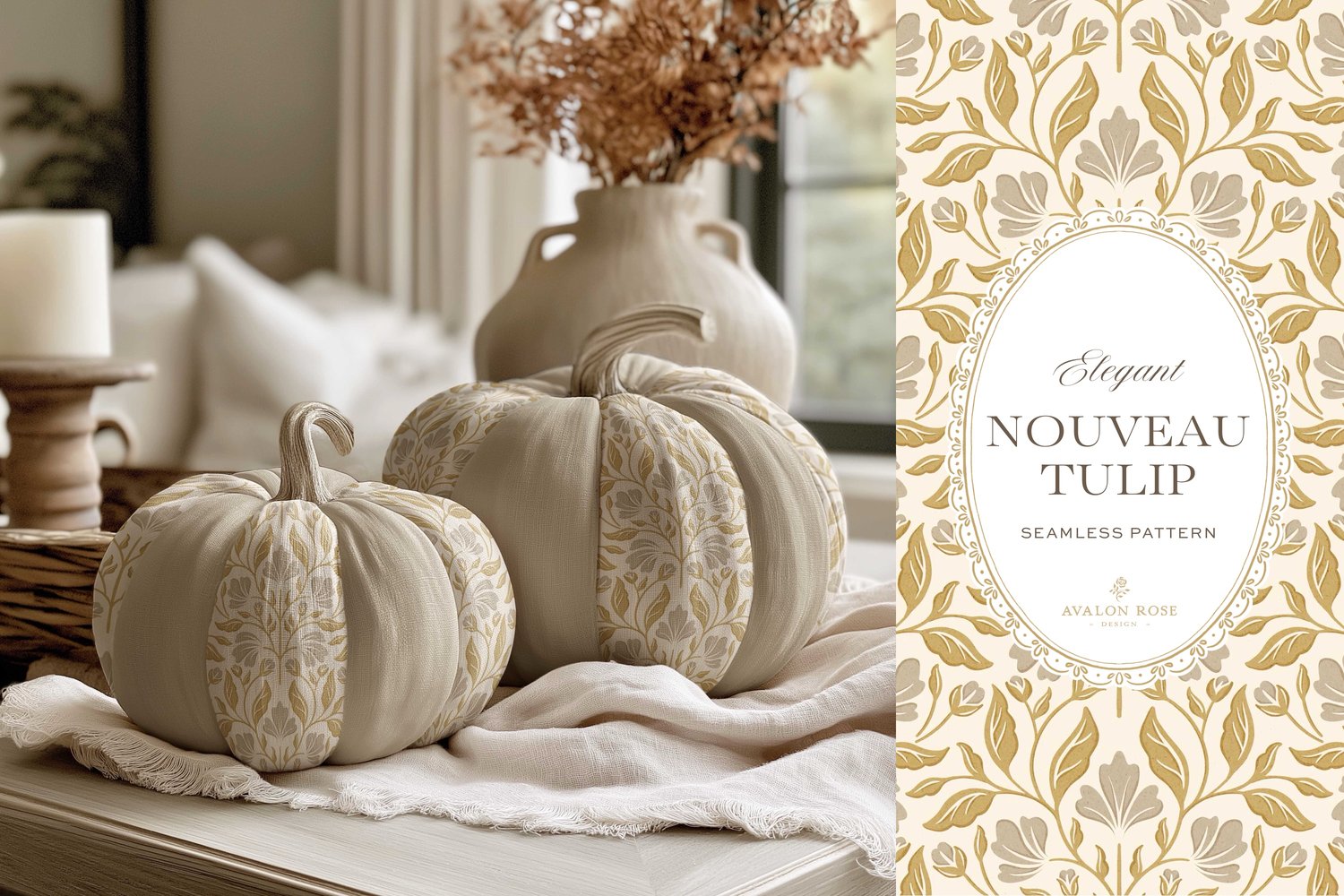 Seamless surface pattern featuring a floral design inspired by Art Nouveau in gold and gray on fabric pumpkins on a table with a candle and vase with autumn leaves