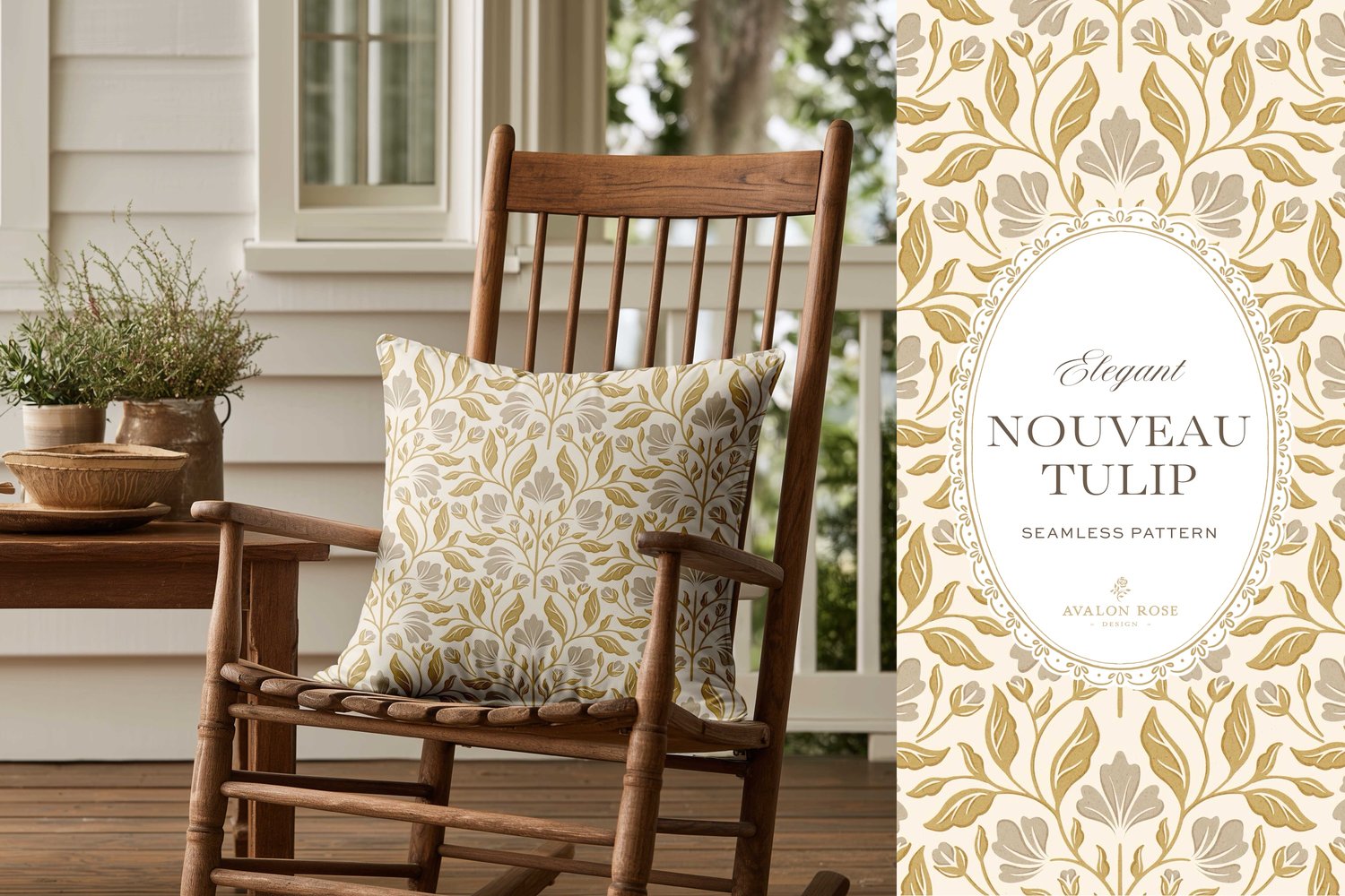 Seamless surface pattern featuring a floral design inspired by Art Nouveau in gold and gray on a throw pillow in a wooden rocking chair on a porch