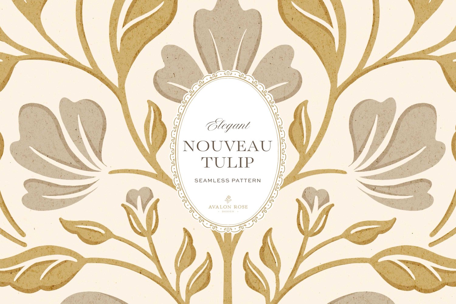 Seamless surface pattern featuring a floral design inspired by Art Nouveau in gold and gray