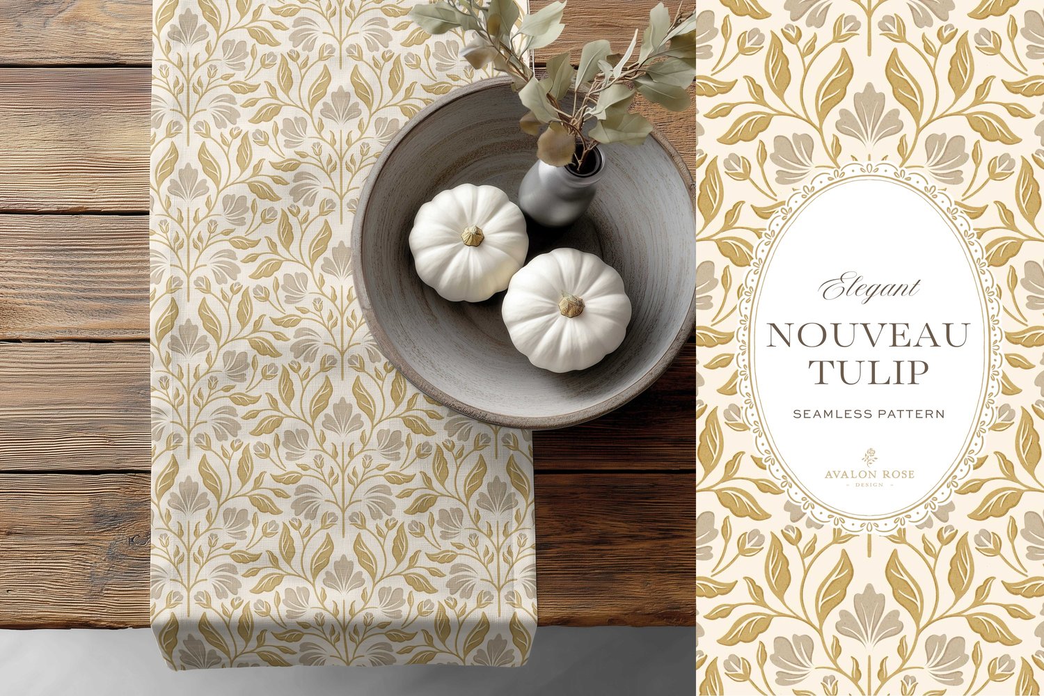 Seamless surface pattern featuring a floral design inspired by Art Nouveau in gold and gray on a table runner next to a bowl of white pumpkins on a wooden table
