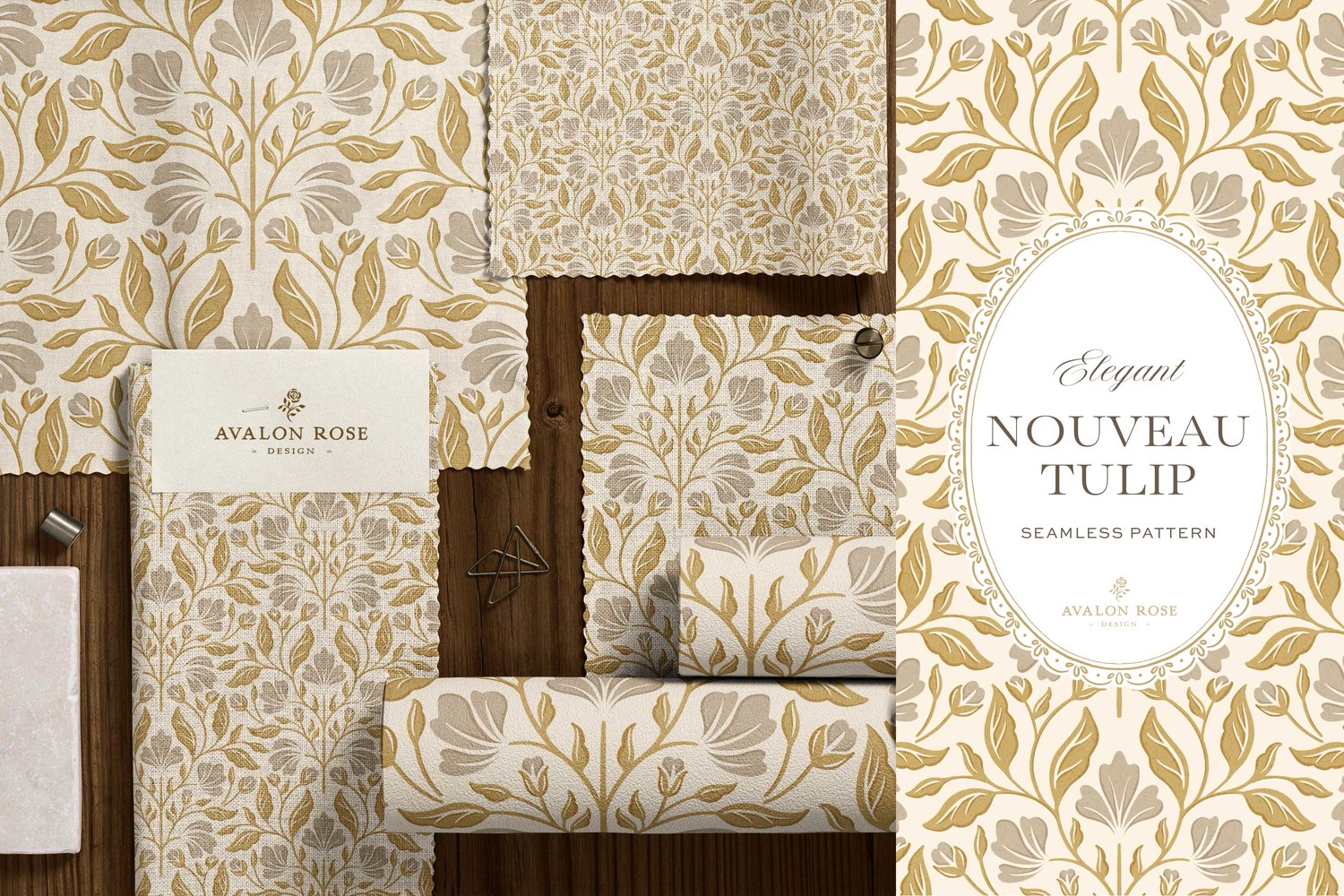 Seamless surface pattern featuring a floral design inspired by Art Nouveau in gold and gray on a flat lay image with wallpaper and fabric swatches