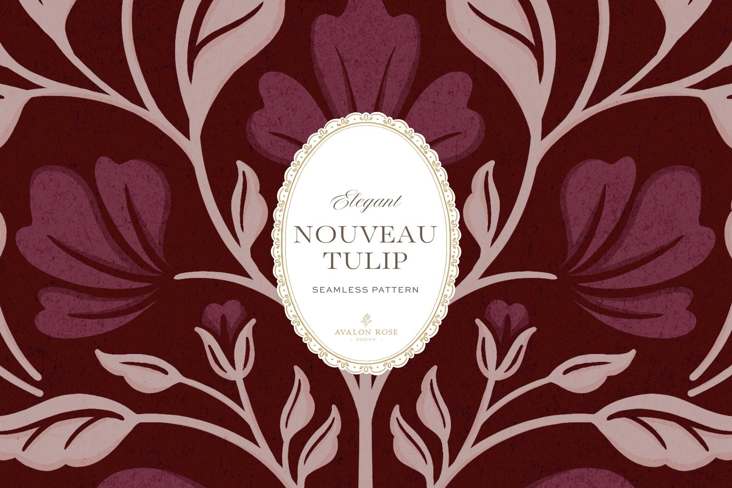 A seamless surface pattern featuring stylized tulips and florals in a symmetrical damask design inspired by Art Nouveau motifs in a dark and moody burgundy