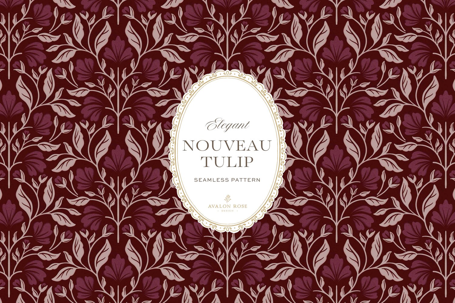 A seamless surface pattern featuring stylized tulips and florals in a symmetrical damask design inspired by Art Nouveau motifs in a dark and moody burgundy