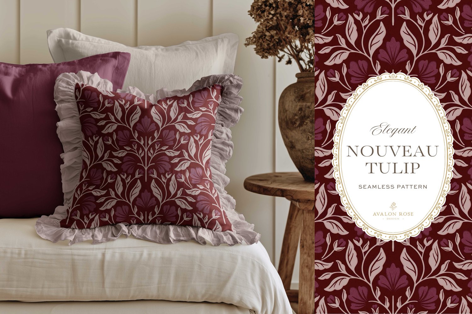 A seamless surface pattern featuring stylized tulips and florals in a symmetrical damask design inspired by Art Nouveau motifs in a dark and moody burgundy on a ruffled throw pillow