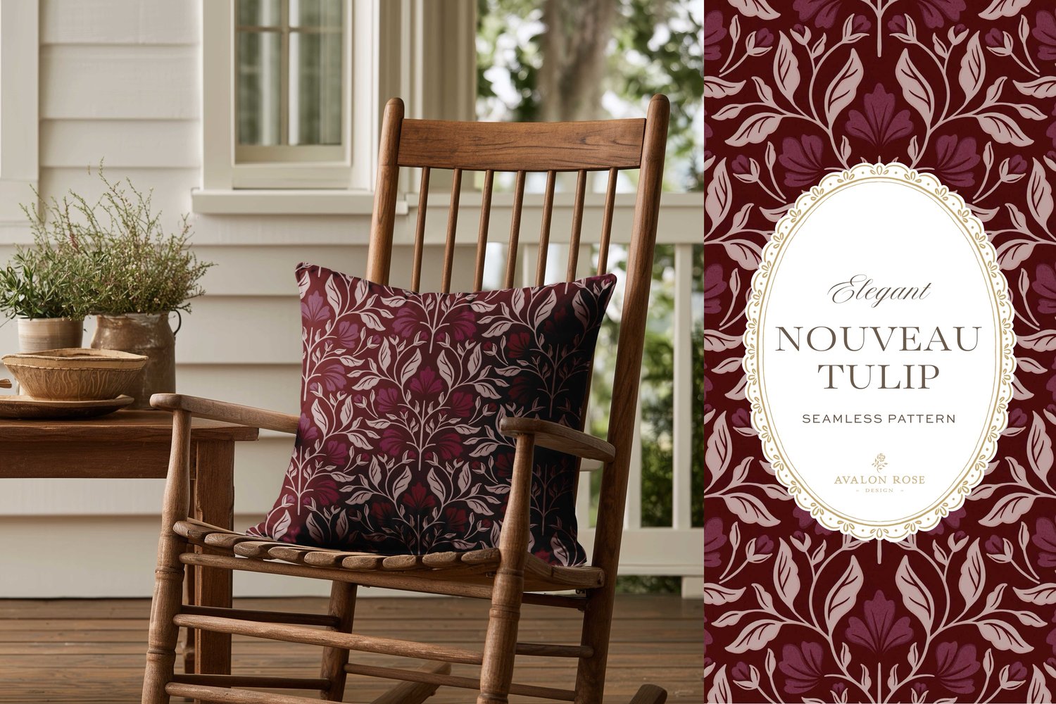 A seamless surface pattern featuring stylized tulips and florals in a symmetrical damask design inspired by Art Nouveau motifs in a dark and moody burgundy on a throw pillow in a wooden rocking chair on a porch