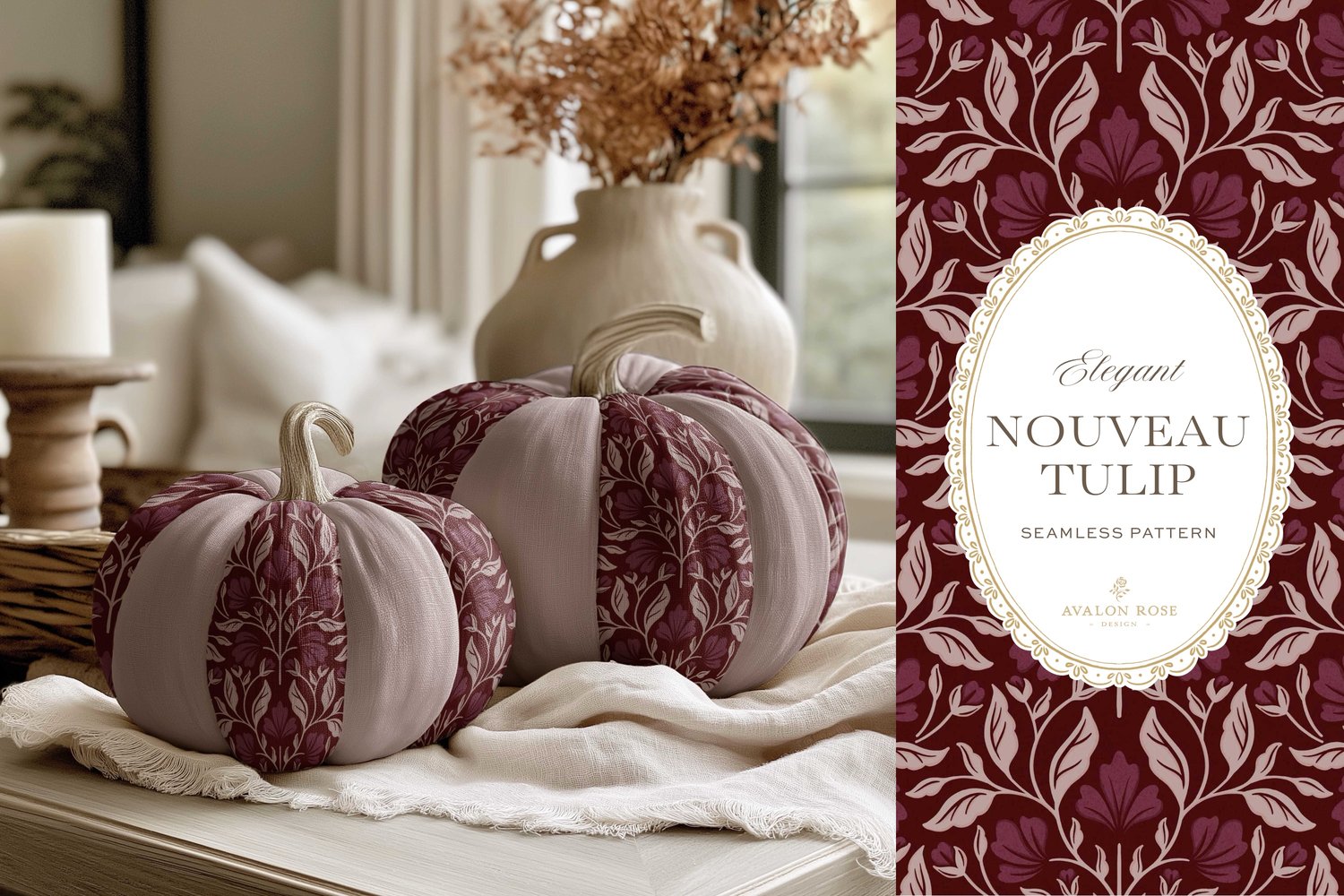 A seamless surface pattern featuring stylized tulips and florals in a symmetrical damask design inspired by Art Nouveau motifs in a dark and moody burgundy on fabric pumpkins on a table with a candle and a vase with autumn leaves