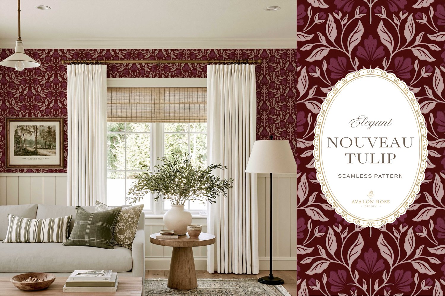 A seamless surface pattern featuring stylized tulips and florals in a symmetrical damask design inspired by Art Nouveau motifs in a dark and moody burgundy on wallpaper in a living room with a white couch, end table, lamp, and a window with white curtains