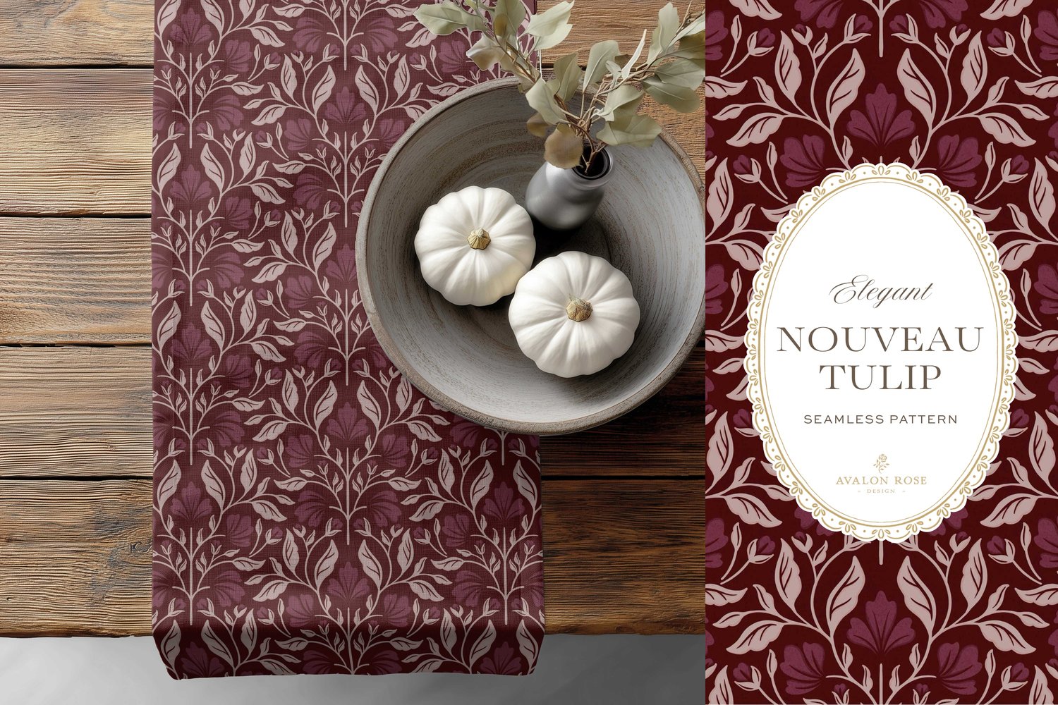 A seamless surface pattern featuring stylized tulips and florals in a symmetrical damask design inspired by Art Nouveau motifs in a dark and moody burgundy on a table runner on a wooden table next to a bowl of white pumpkins
