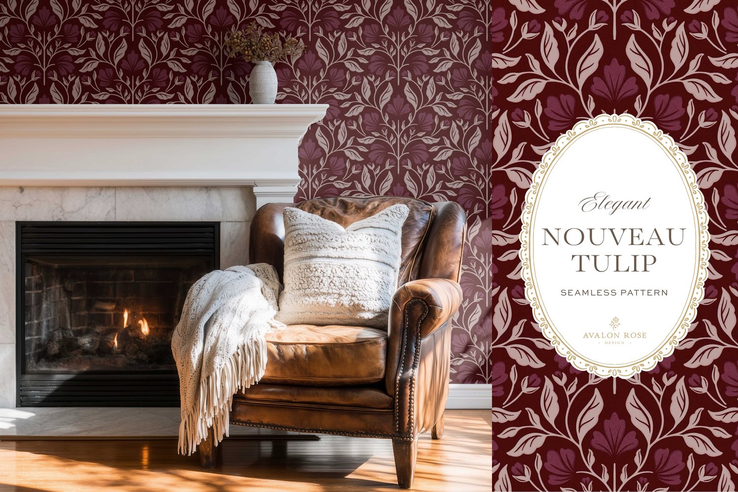 A seamless surface pattern featuring stylized tulips and florals in a symmetrical damask design inspired by Art Nouveau motifs in a dark and moody burgundy on wallpaper in a room with a fireplace and a leather chair with a pillow and blanket