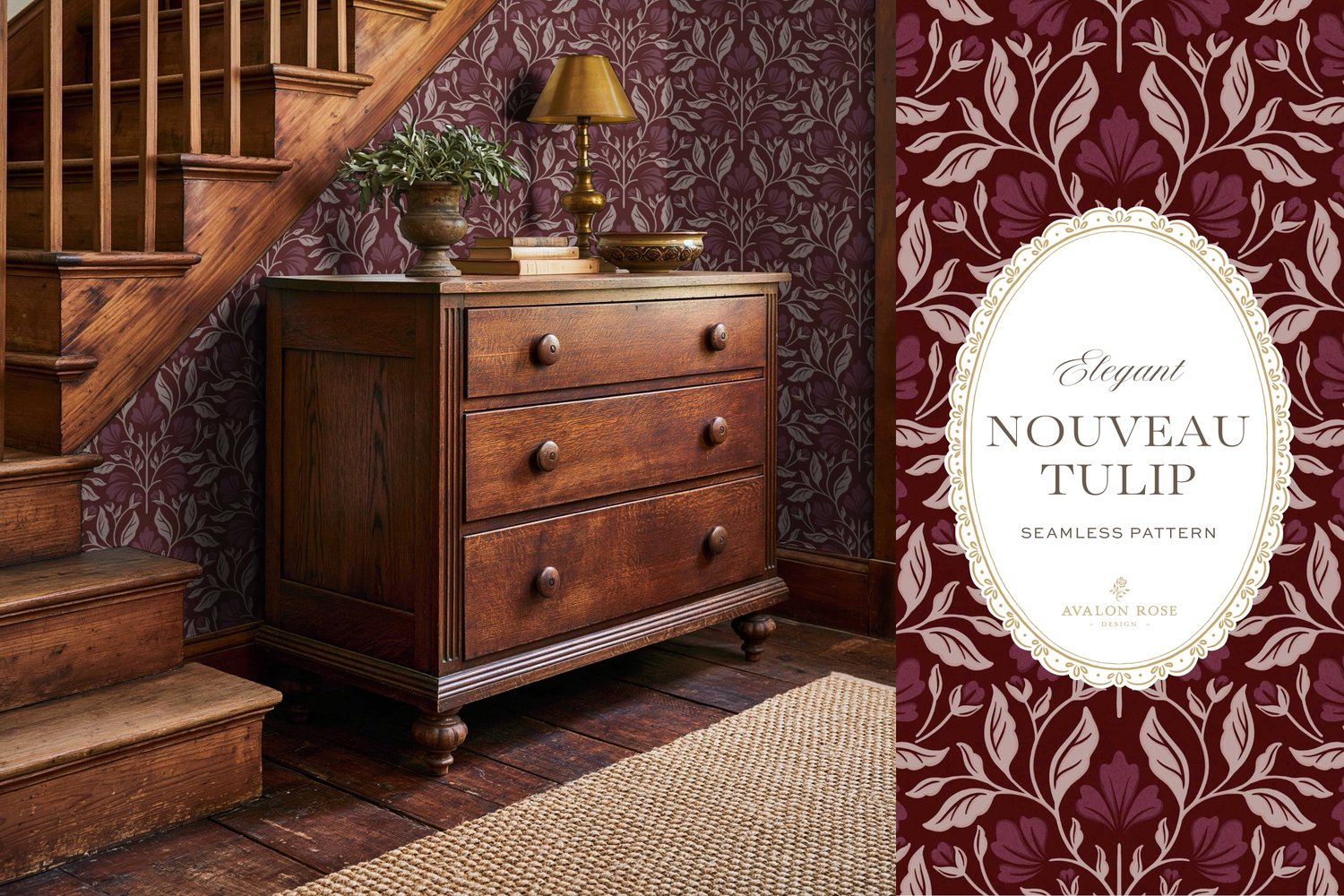 A seamless surface pattern featuring stylized tulips and florals in a symmetrical damask design inspired by Art Nouveau motifs in a dark and moody burgundy on wallpaper in a foyer with a wooden staircase and dresser