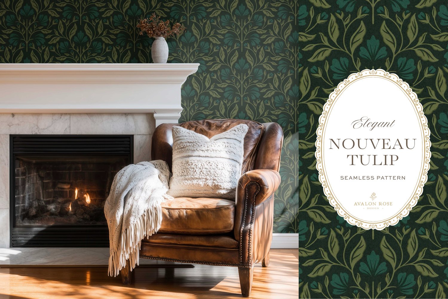 A seamless surface pattern featuring stylized tulips and florals in a symmetrical damask design inspired by Art Nouveau motifs in dark hunter green on wallpaper in a room with a fireplace and a leather chair with a throw pillow and blanket