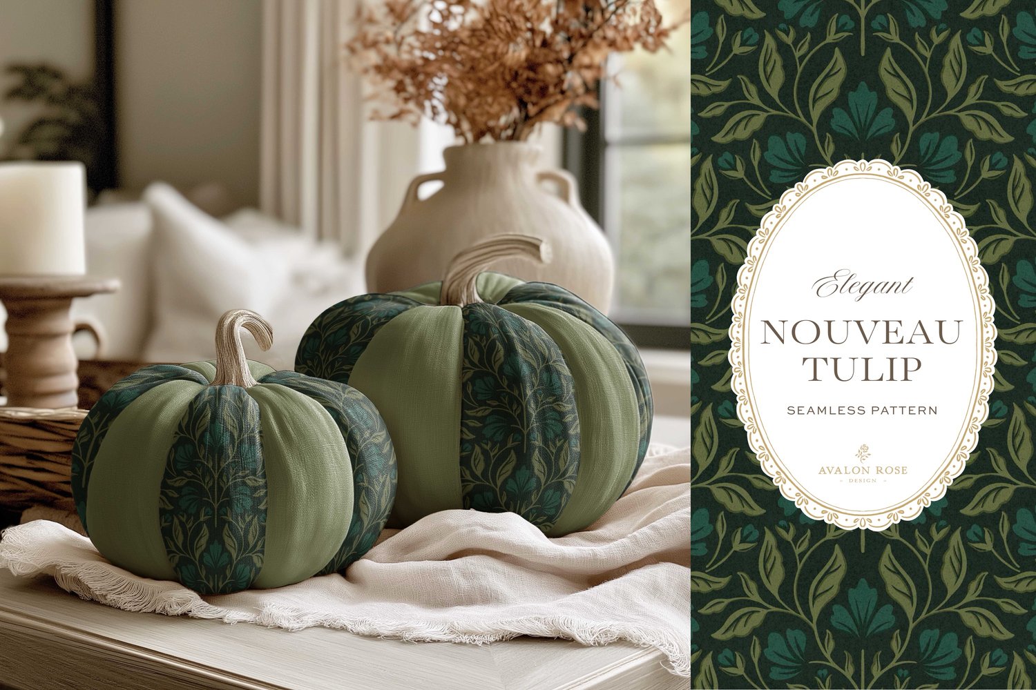A seamless surface pattern featuring stylized tulips and florals in a symmetrical damask design inspired by Art Nouveau motifs in dark hunter green on fabric pumpkins sitting on a table with a candle and a vase with autumn leaves