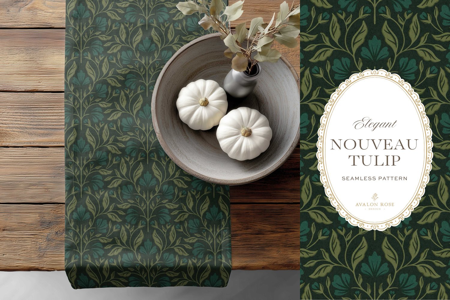 A seamless surface pattern featuring stylized tulips and florals in a symmetrical damask design inspired by Art Nouveau motifs in dark hunter green on a table runner on a wooden table with a bowl of white pumpkins