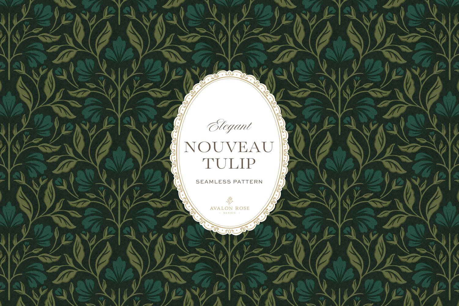 A seamless surface pattern featuring stylized tulips and florals in a symmetrical damask design inspired by Art Nouveau motifs in dark hunter green