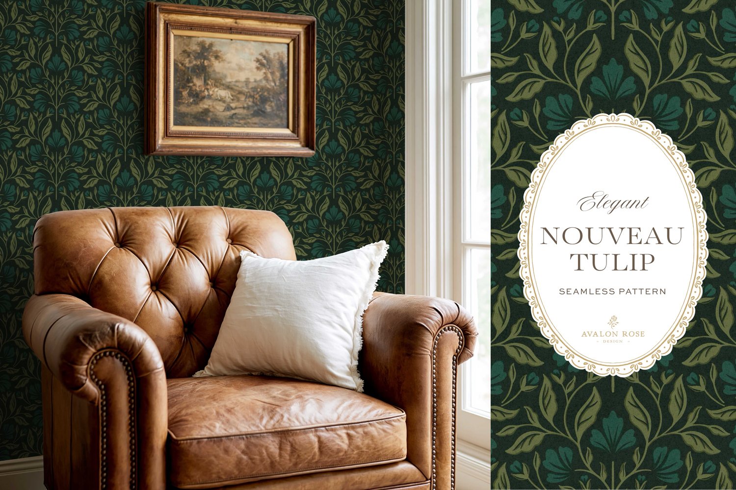 A seamless surface pattern featuring stylized tulips and florals in a symmetrical damask design inspired by Art Nouveau motifs in dark hunter green on wallpaper in a room with a leather chair next to a window and an antique landscape painting on the wall