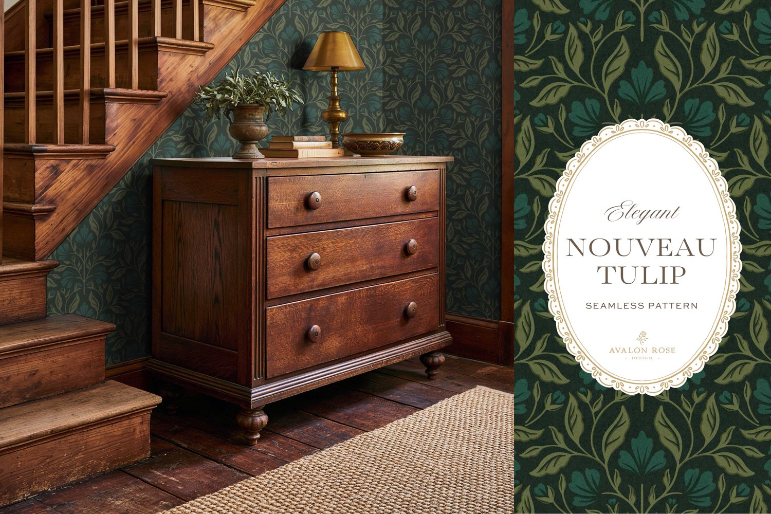 A seamless surface pattern featuring stylized tulips and florals in a symmetrical damask design inspired by Art Nouveau motifs in dark hunter green on wallpaper in a foyer with a wooden staircase and dresser