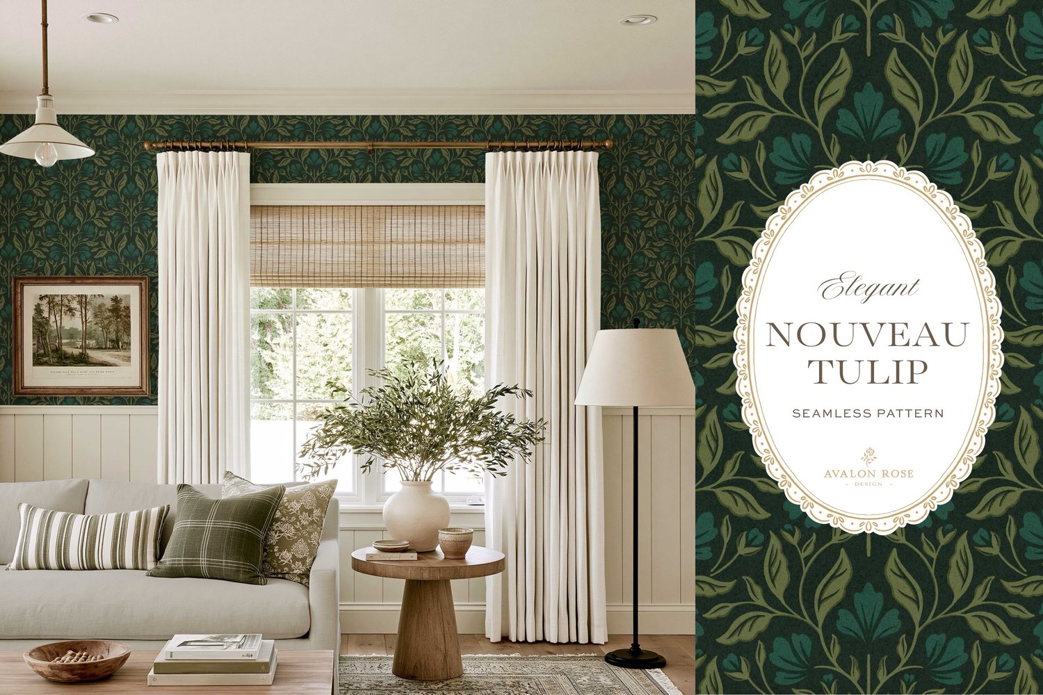 A seamless surface pattern featuring stylized tulips and florals in a symmetrical damask design inspired by Art Nouveau motifs in dark hunter green on wallpaper in a living room with a white couch, end table with a vase of green leaves, a table lamp and a
