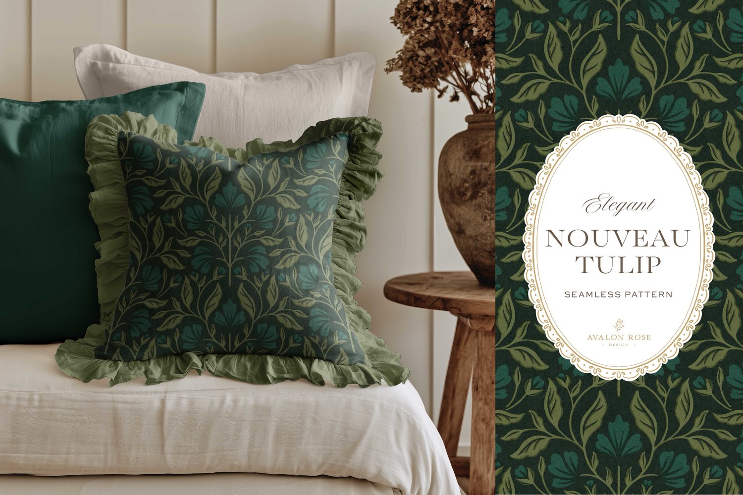 A seamless surface pattern featuring stylized tulips and florals in a symmetrical damask design inspired by Art Nouveau motifs in dark hunter green on a ruffled throw pillow