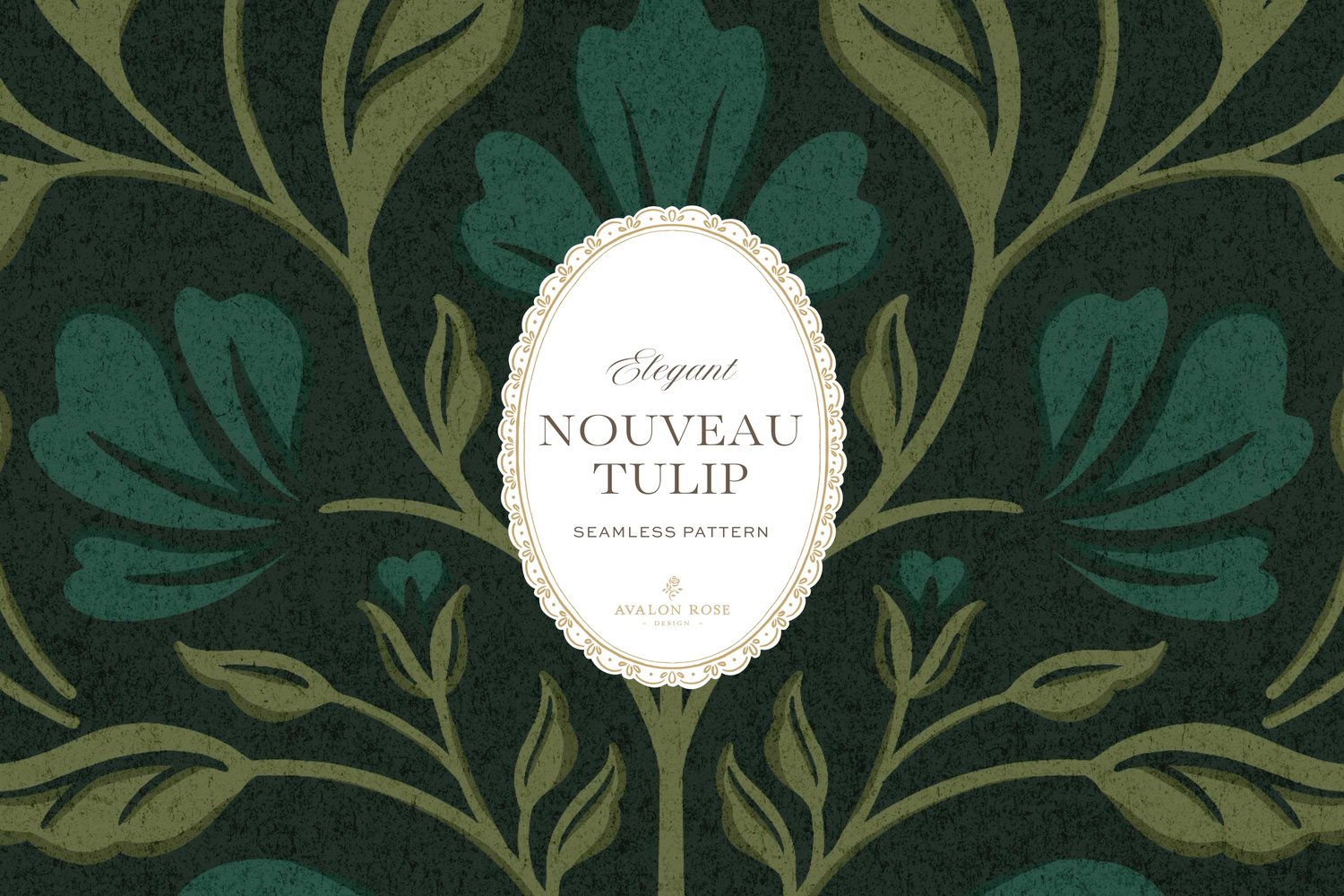 A seamless surface pattern featuring stylized tulips and florals in a symmetrical damask design inspired by Art Nouveau motifs in dark hunter green