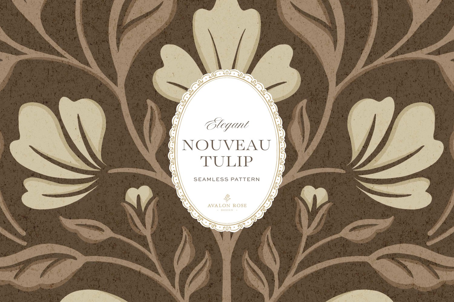A seamless surface pattern featuring stylized tulips and florals in a symmetrical damask design inspired by Art Nouveau motifs in neutral browns and beiges