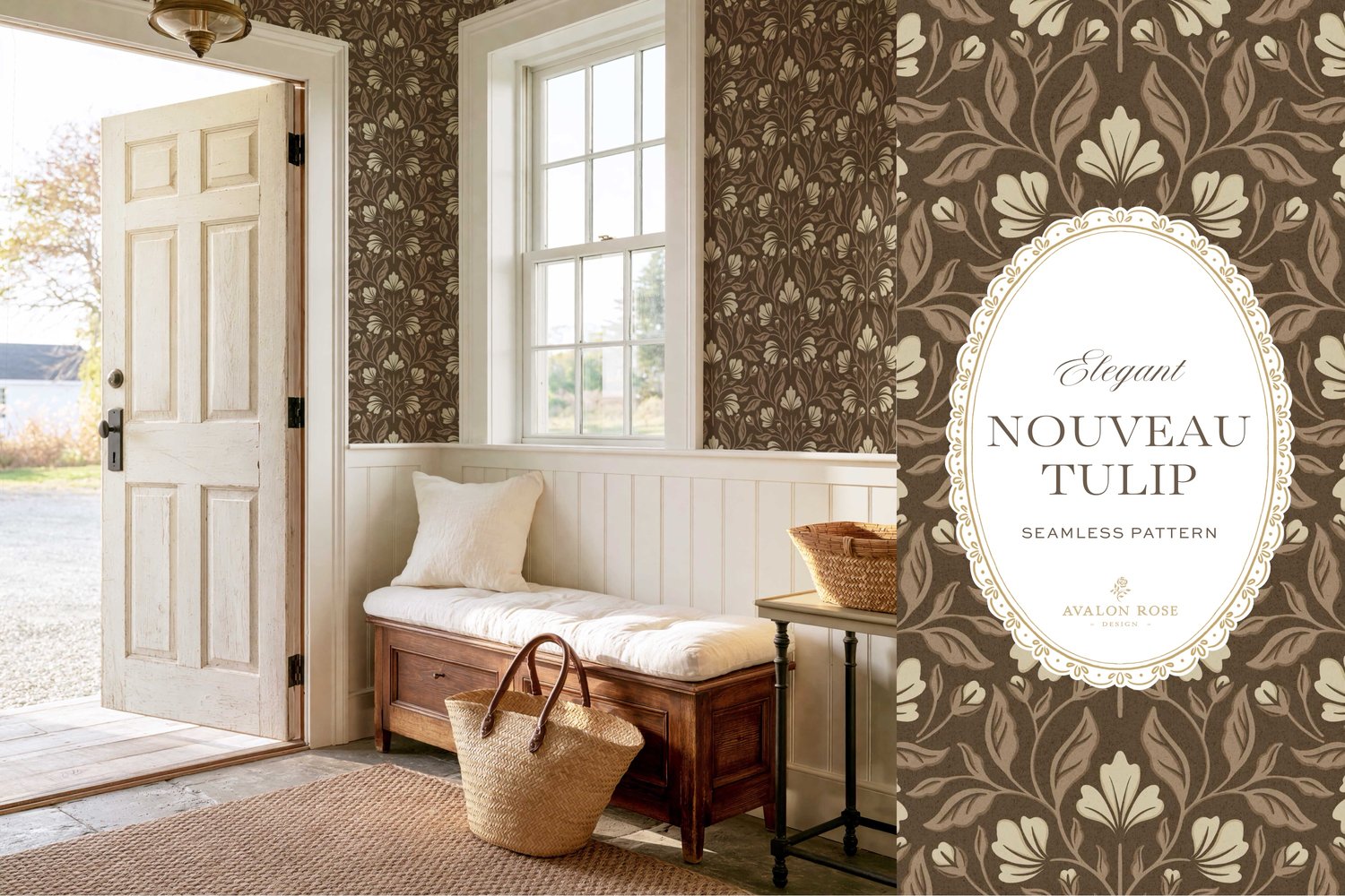 A seamless surface pattern featuring stylized tulips and florals in a symmetrical damask design inspired by Art Nouveau motifs in neutral browns and beiges on wallpaper in an entryway with a bench and an open door