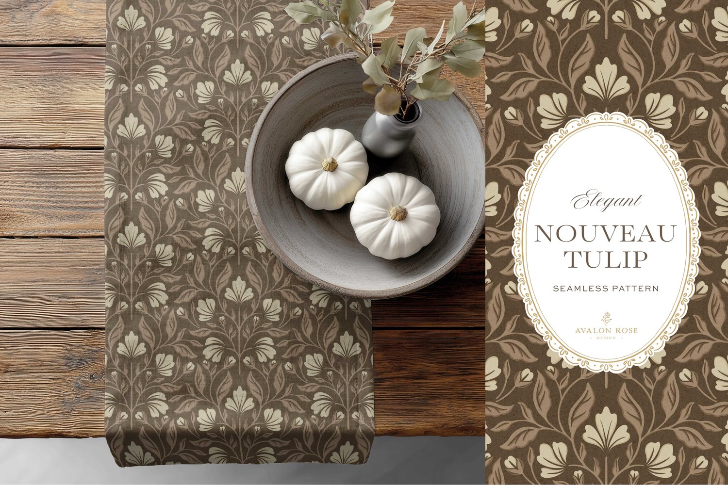 A seamless surface pattern featuring stylized tulips and florals in a symmetrical damask design inspired by Art Nouveau motifs in neutral browns and beiges on a table runner on a wooden table with a bowl of white pumpkins
