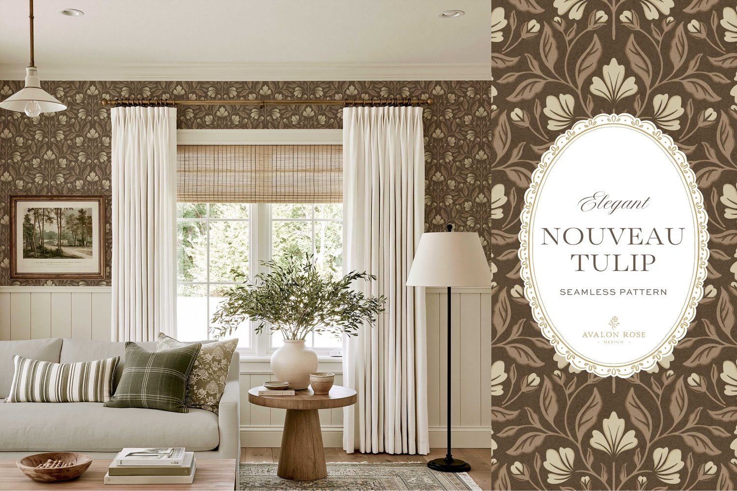 A seamless surface pattern featuring stylized tulips and florals in a symmetrical damask design inspired by Art Nouveau motifs in neutral browns and beiges on wallpaper in a living room with a white couch, and end table with a vase of leaves, a standing l