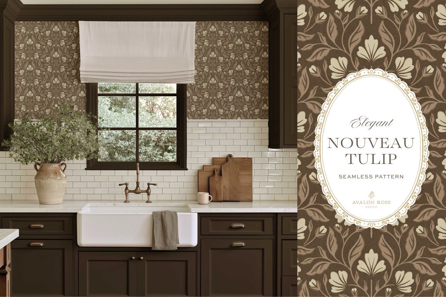 A seamless surface pattern featuring stylized tulips and florals in a symmetrical damask design inspired by Art Nouveau motifs in neutral browns and beiges on wallpaper in a kitchen with dark cabinets, a white backsplash, and a window
