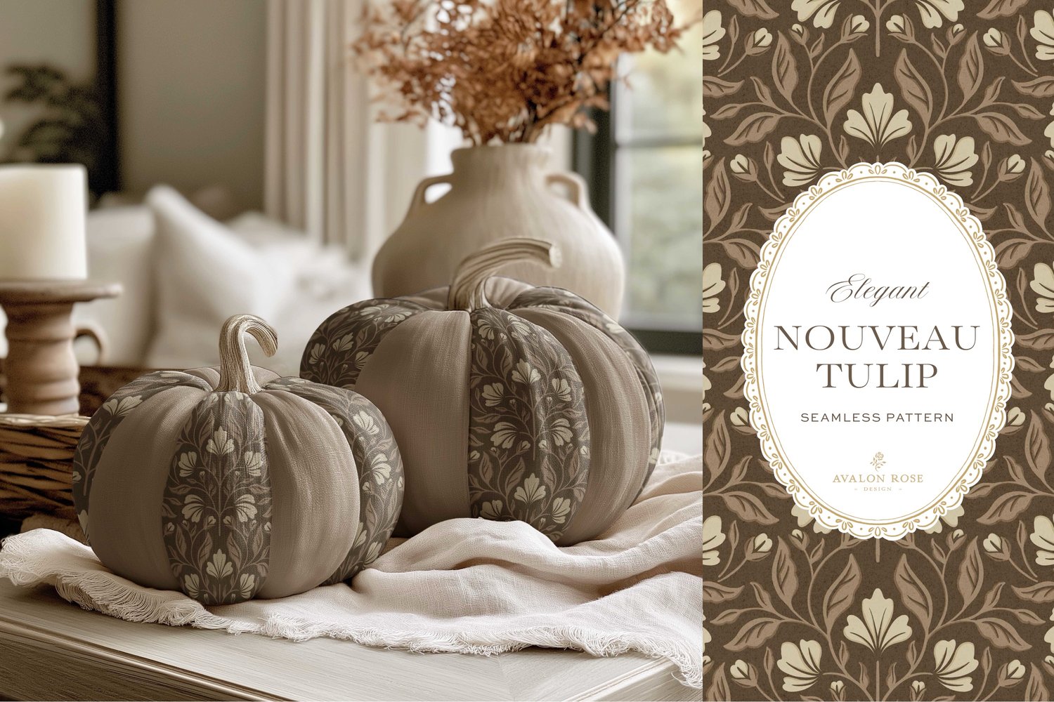 A seamless surface pattern featuring stylized tulips and florals in a symmetrical damask design inspired by Art Nouveau motifs in neutral browns and beiges on fabric pumpkins sitting on a table next to a candle and a vase with autumn leaves