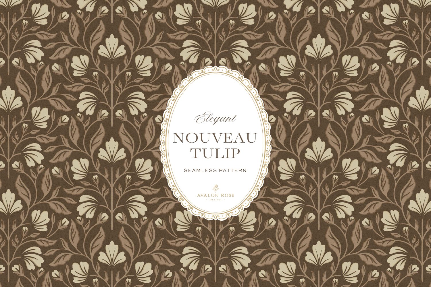 A seamless surface pattern featuring stylized tulips and florals in a symmetrical damask design inspired by Art Nouveau motifs in neutral browns and beiges