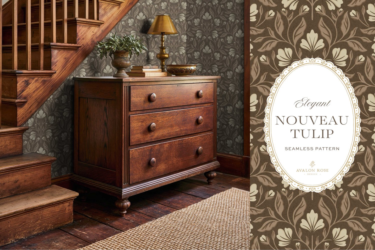 A seamless surface pattern featuring stylized tulips and florals in a symmetrical damask design inspired by Art Nouveau motifs in neutral browns and beiges on wallpaper in a foyer with a wooden staircase and dresser