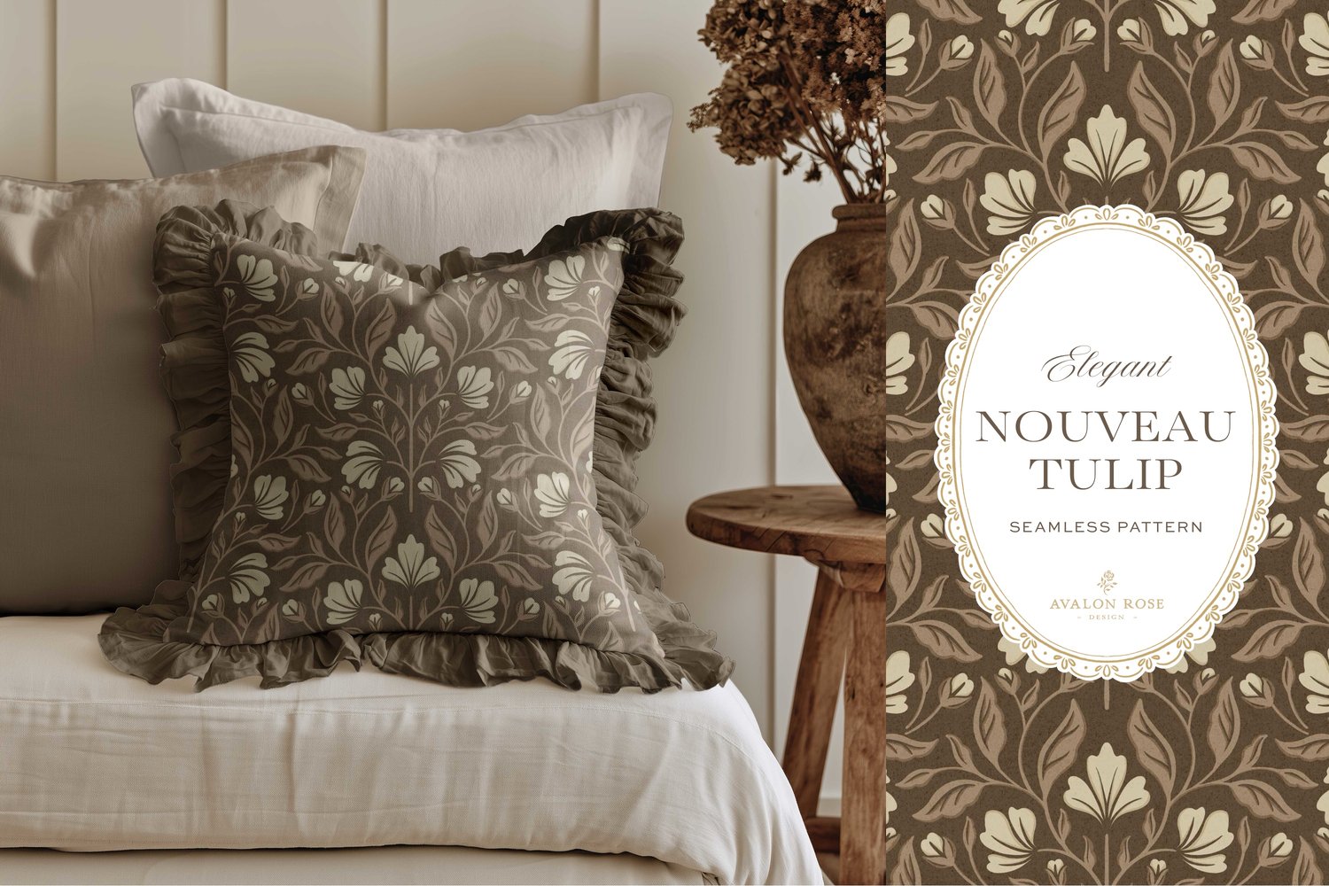 A seamless surface pattern featuring stylized tulips and florals in a symmetrical damask design inspired by Art Nouveau motifs in neutral browns and beiges on a ruffled throw pillow