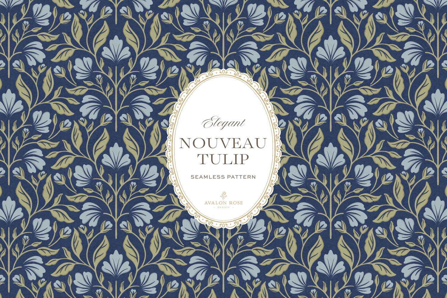 A seamless surface pattern featuring stylized tulips and florals in a symmetrical damask design inspired by Art Nouveau motifs in blues and greens