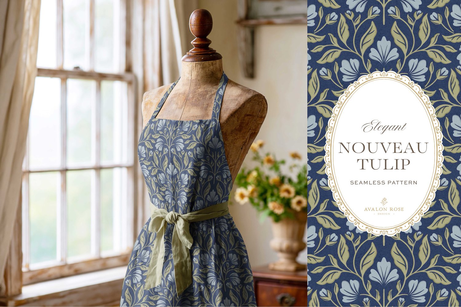 A seamless surface pattern featuring stylized tulips and florals in a symmetrical damask design inspired by Art Nouveau motifs in blues and greens on an apron on a dressform in a room with a window and a vase of yellow flowers