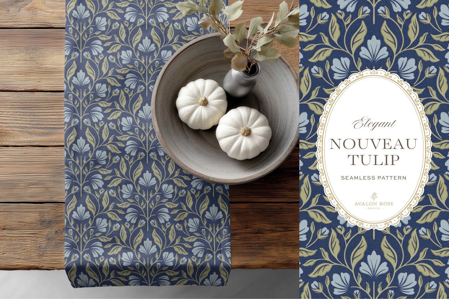 A seamless surface pattern featuring stylized tulips and florals in a symmetrical damask design inspired by Art Nouveau motifs in blues and greens on a table runner on a wooden table next to a bowl of white pumpkins