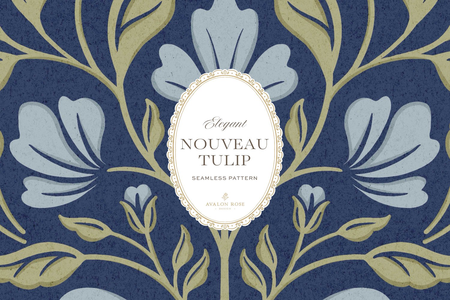 A seamless surface pattern featuring stylized tulips and florals in a symmetrical damask design inspired by Art Nouveau motifs in blues and greens
