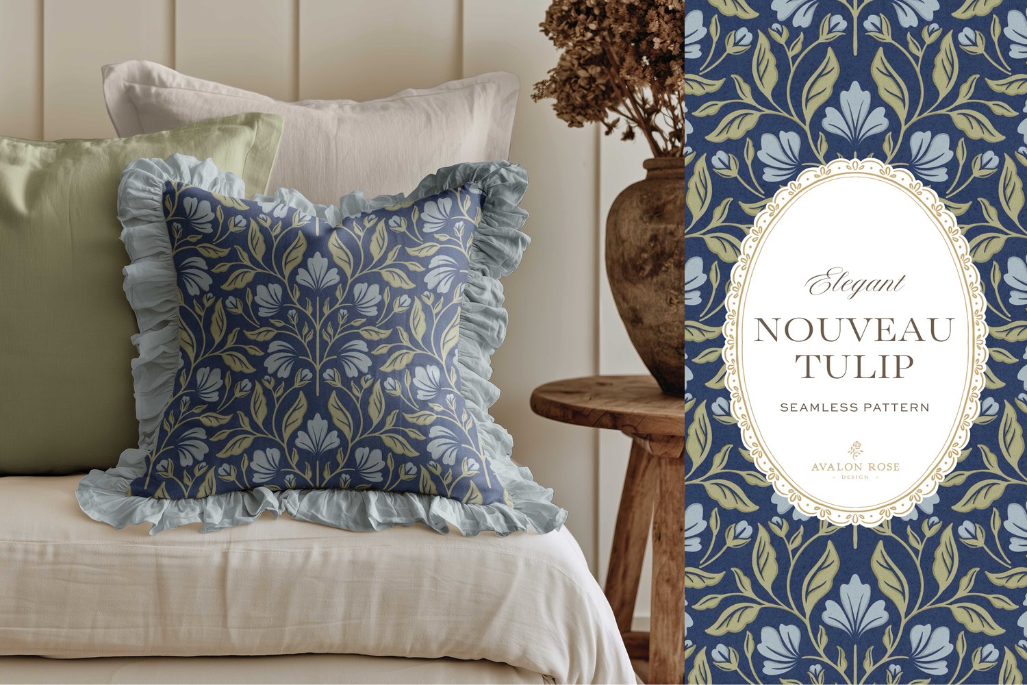 A seamless surface pattern featuring stylized tulips and florals in a symmetrical damask design inspired by Art Nouveau motifs in blues and greens on a ruffled throw pillow