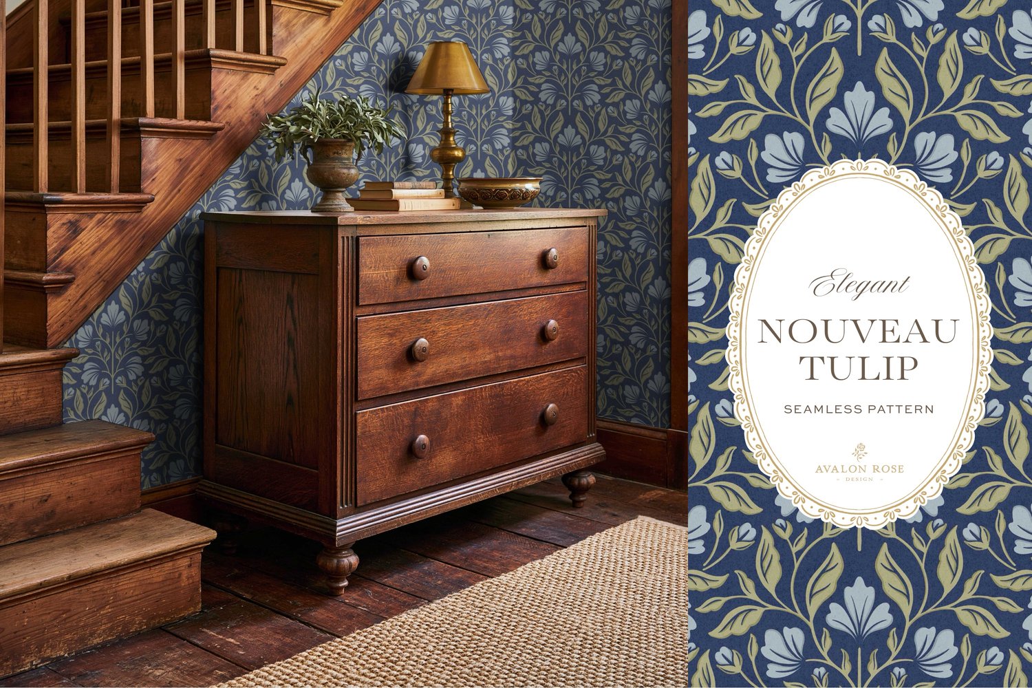 A seamless surface pattern featuring stylized tulips and florals in a symmetrical damask design inspired by Art Nouveau motifs in blues and greens on wallpaper in a foyer with a wooden staircase and dresser