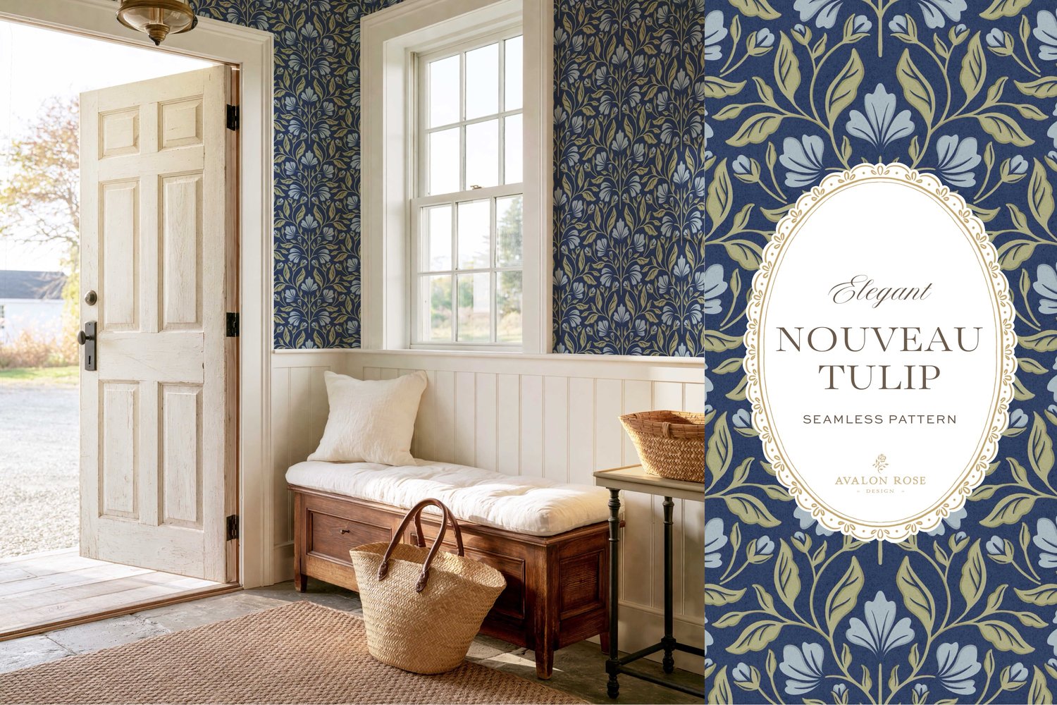 A seamless surface pattern featuring stylized tulips and florals in a symmetrical damask design inspired by Art Nouveau motifs in blues and greens on wallpaper in an entryway with a white bench and an open door