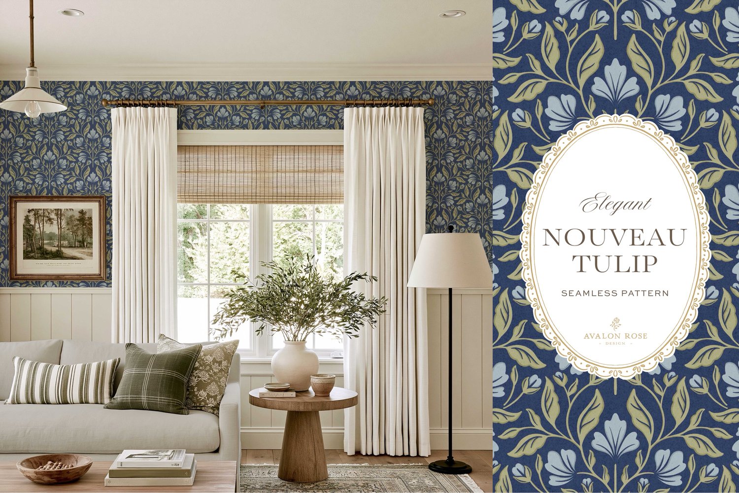 A seamless surface pattern featuring stylized tulips and florals in a symmetrical damask design inspired by Art Nouveau motifs in blues and greens on wallpaper in a room with a white couch, an end table with a vase of leaves, a standing lamp, and a window