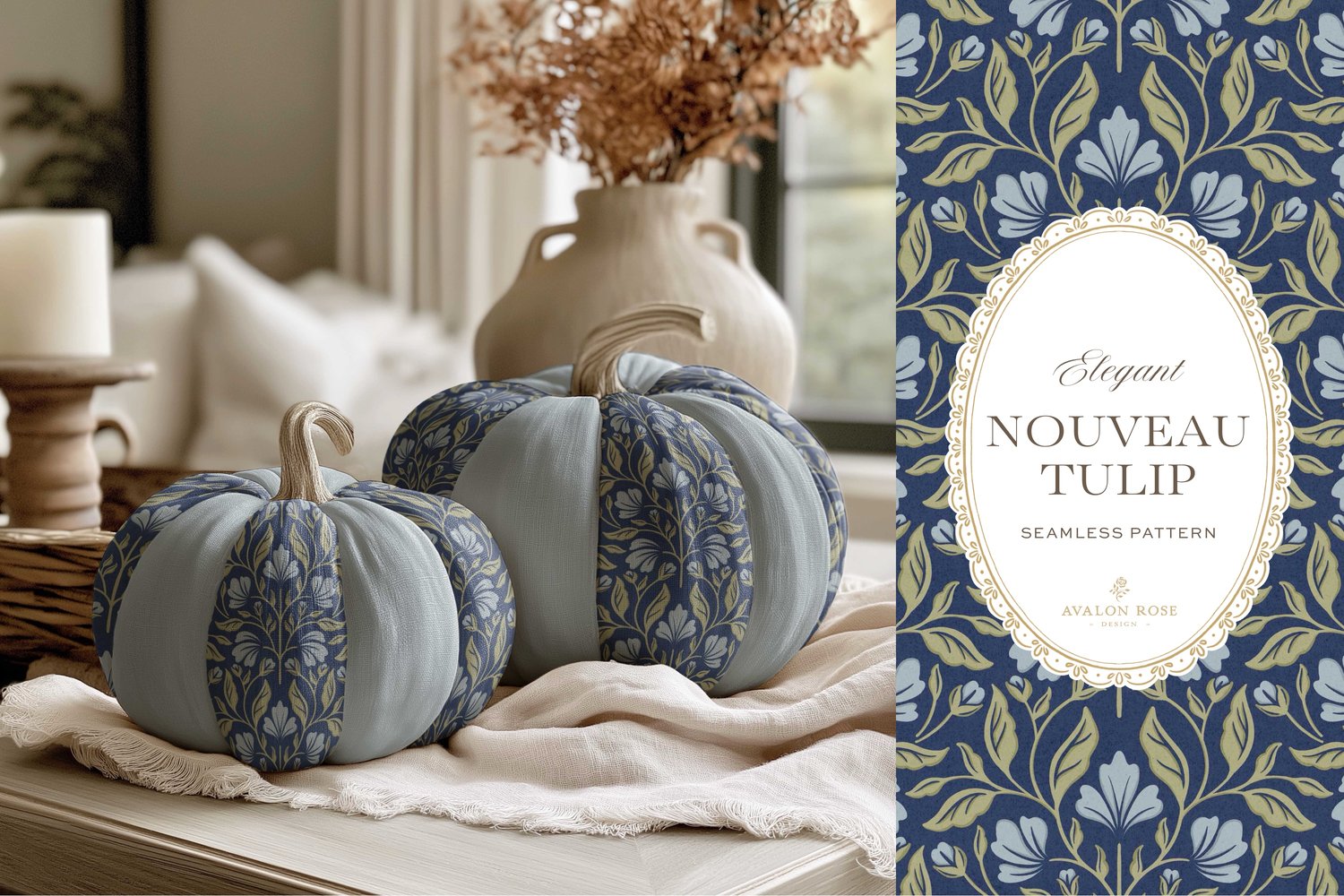 A seamless surface pattern featuring stylized tulips and florals in a symmetrical damask design inspired by Art Nouveau motifs in blues and greens on fabric pumpkins on a table next to a candle and a vase with autumn leaves