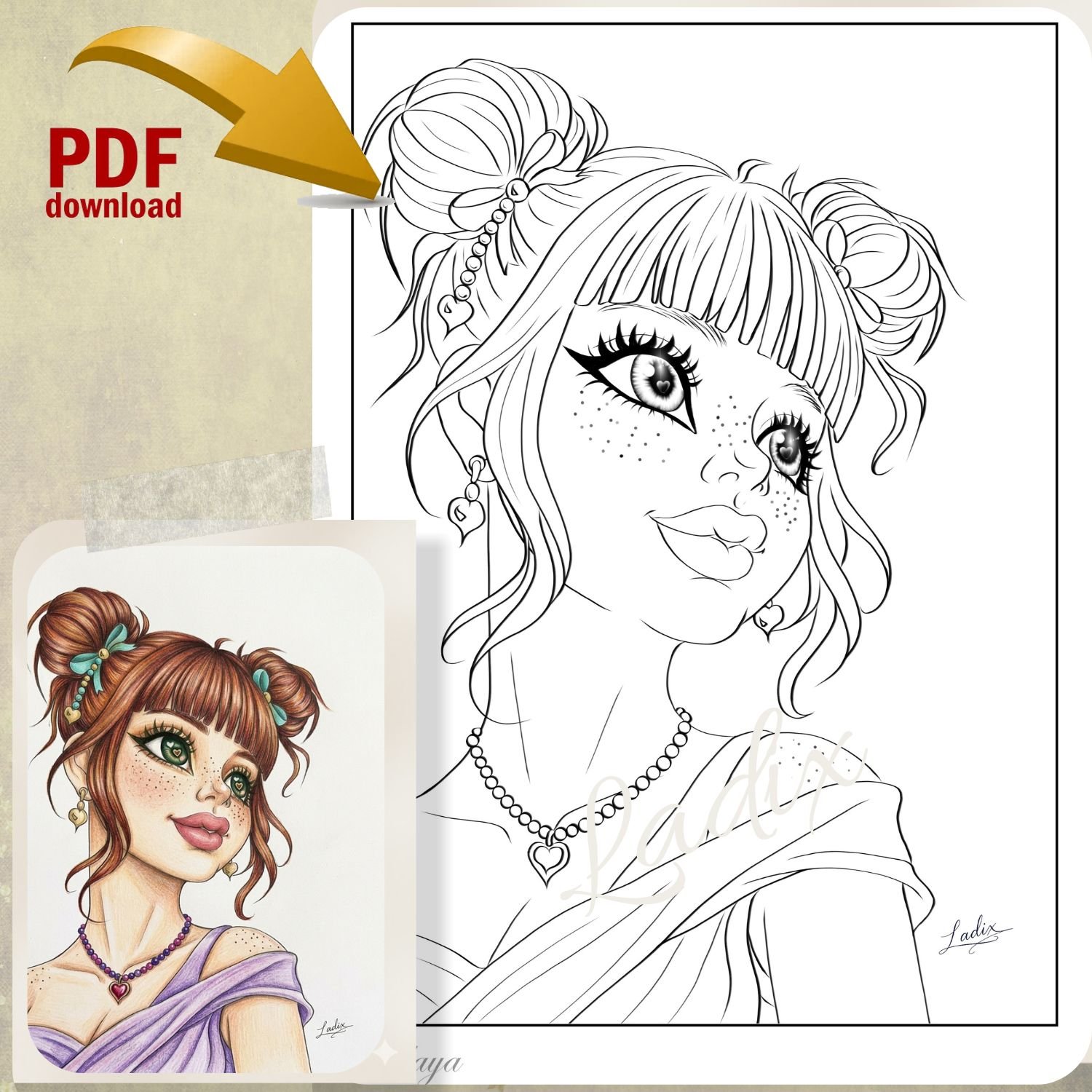 coloriage adulte, printable coloring page, portrait féminin, line art, art à imprimer, détente créative, coloriage zen, illustration Ladix, art poétique, dessin à colorie